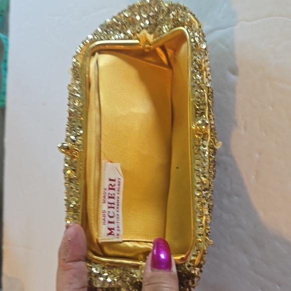 Micheri Gold Sequin BEADED Sparkle Vintage British MEDIUM clutch Handmade - Picture 2 of 8
